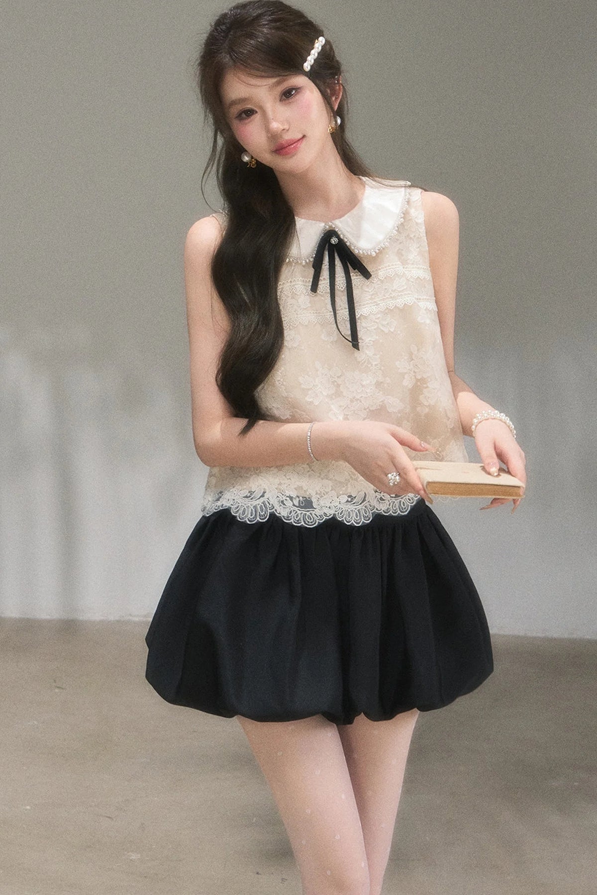 Doll Collar Lace Top and Floral Skirt Set-Up
