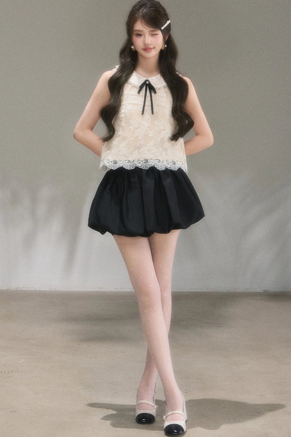 Doll Collar Lace Top and Floral Skirt Set-Up