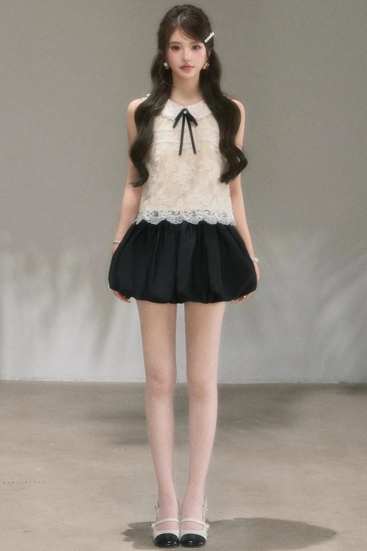 Doll Collar Lace Top and Floral Skirt Set-Up