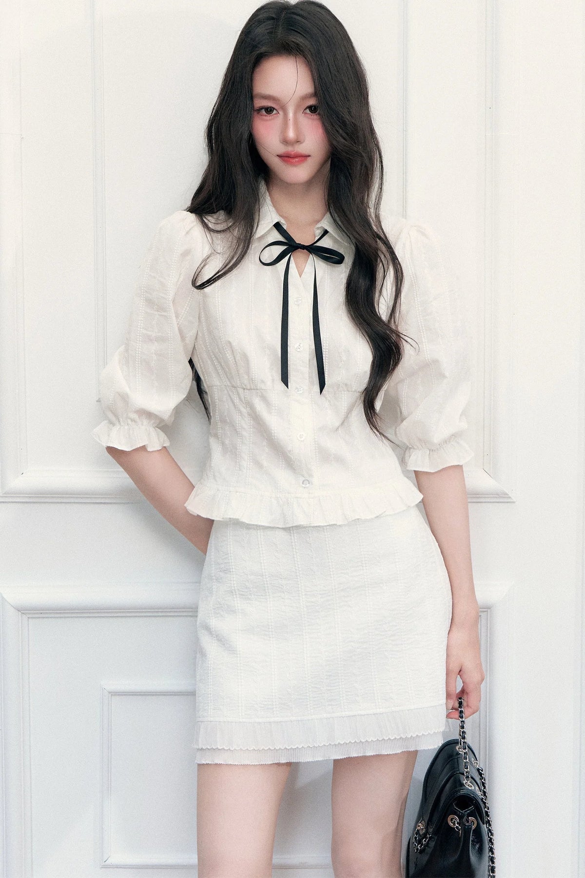Doll Collar Mid-Sleeve Shirt and Hip-Hugging Skirt Set-Up