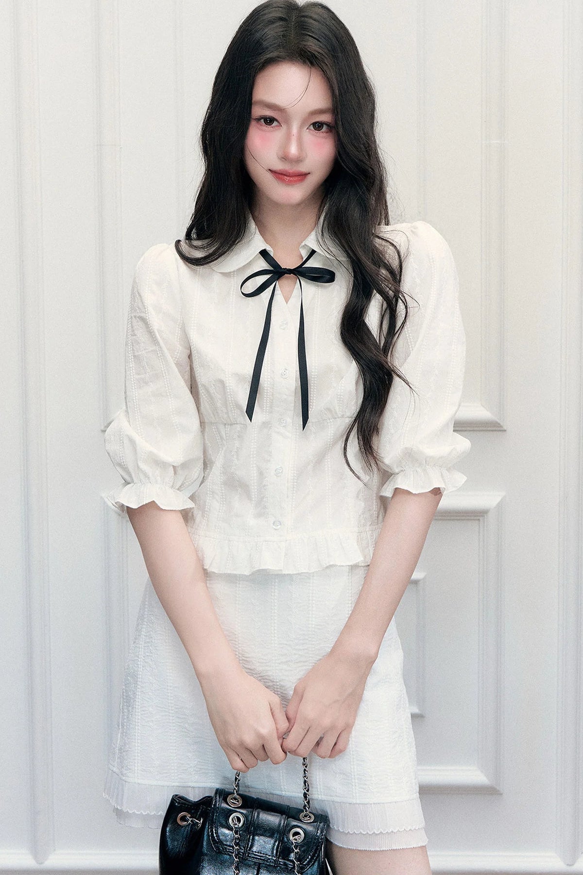 Doll Collar Mid-Sleeve Shirt and Hip-Hugging Skirt Set-Up