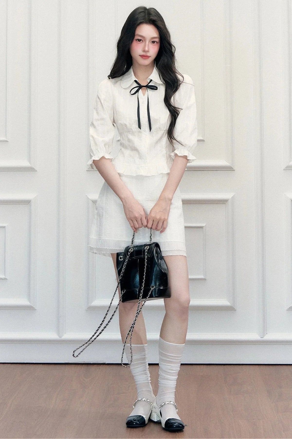 Doll Collar Mid-Sleeve Shirt and Hip-Hugging Skirt Set-Up