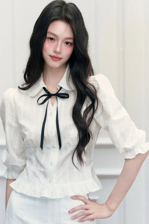 Doll Collar Mid-Sleeve Shirt and Hip-Hugging Skirt Set-Up