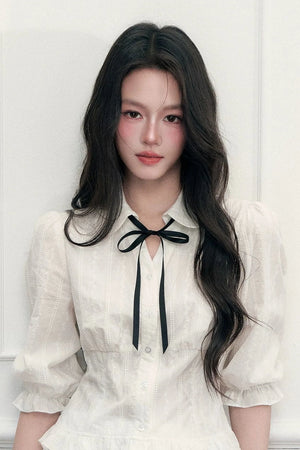 Doll Collar Mid-Sleeve Shirt and Hip-Hugging Skirt Set-Up