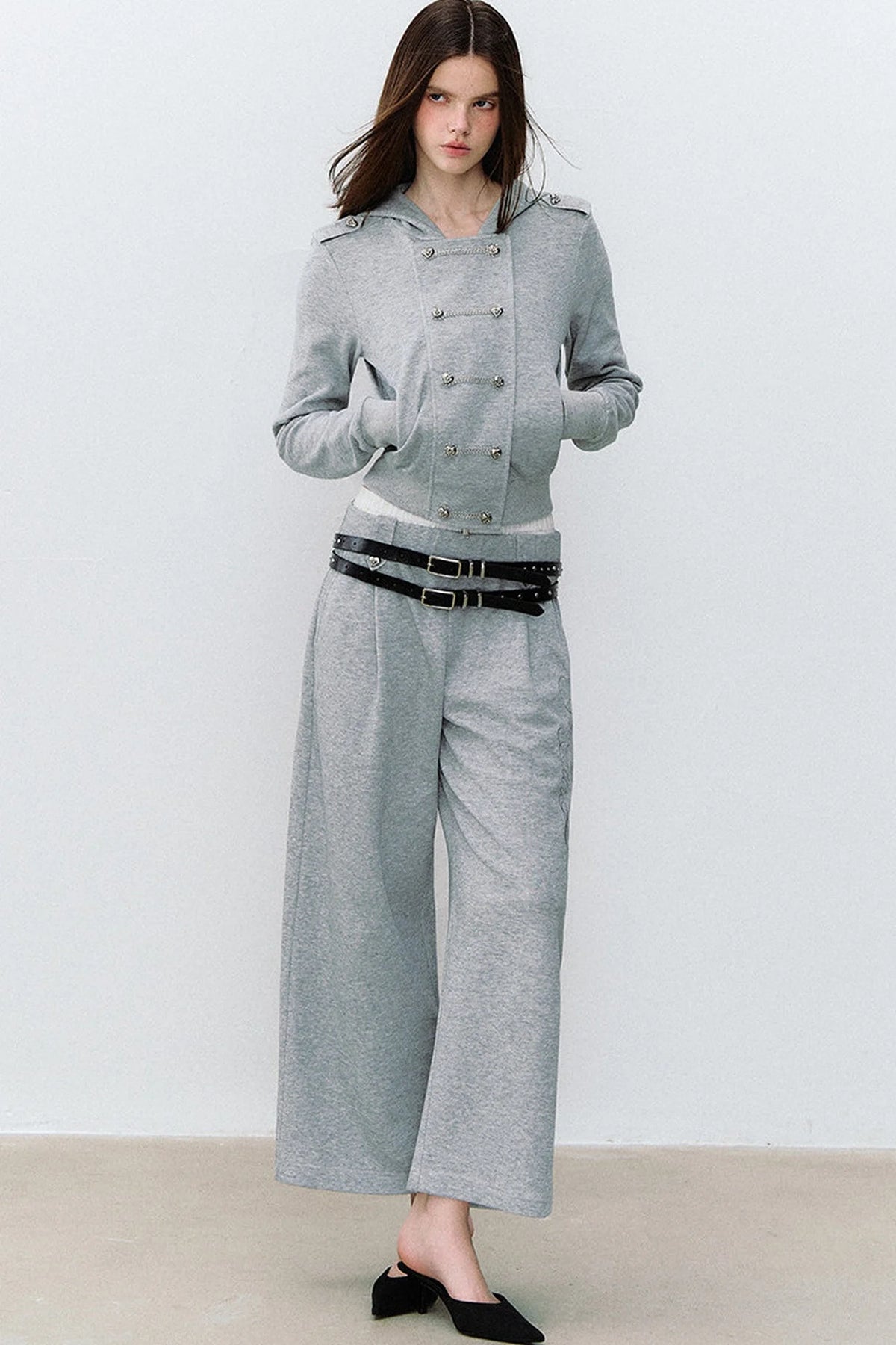 Double-Breasted Hooded Sweatshirt and Pants 3-Piece Set-Up