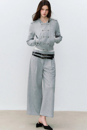 Double-Breasted Hooded Sweatshirt and Pants 3-Piece Set-Up