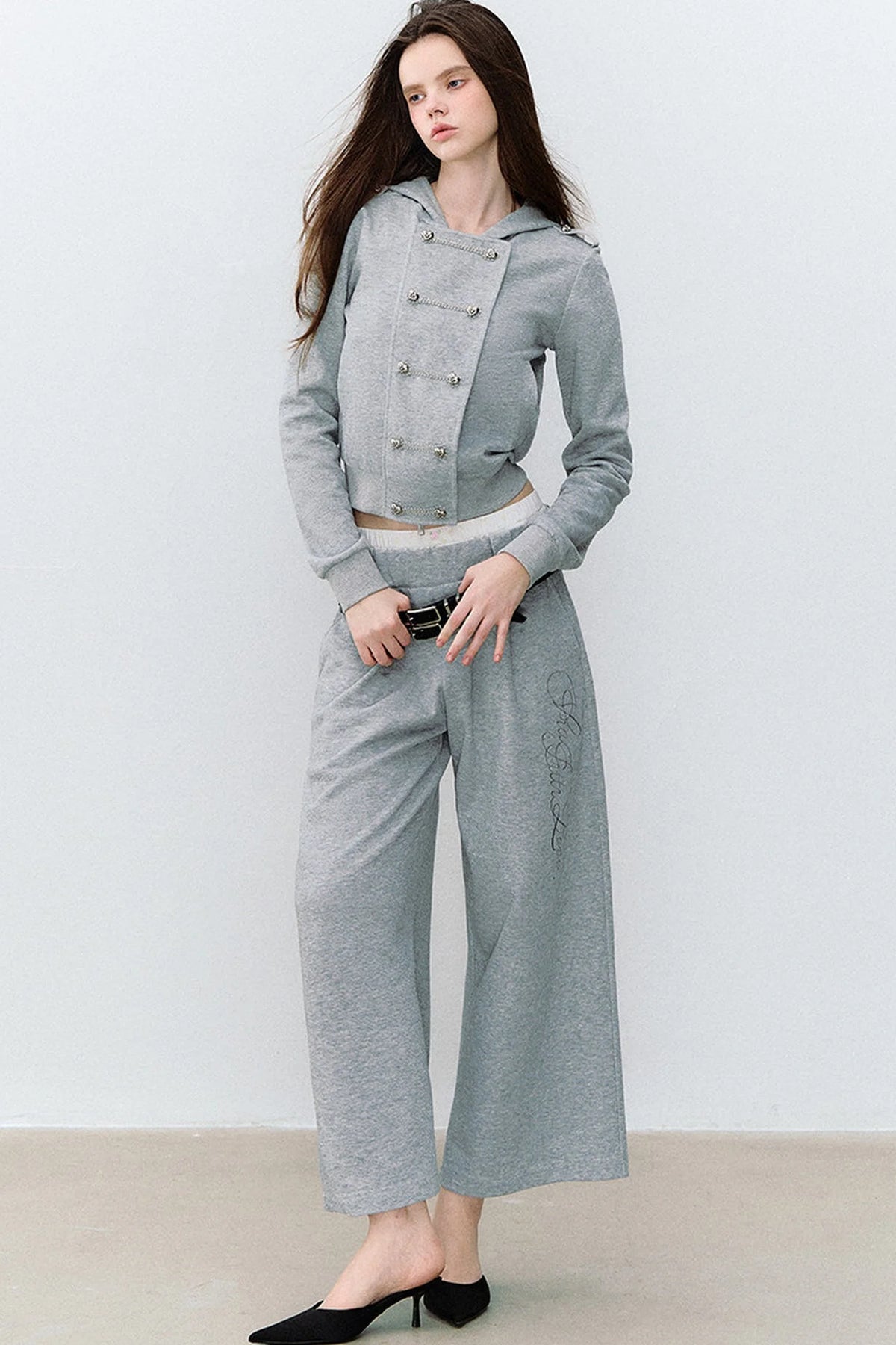 Double-Breasted Hooded Sweatshirt and Pants 3-Piece Set-Up