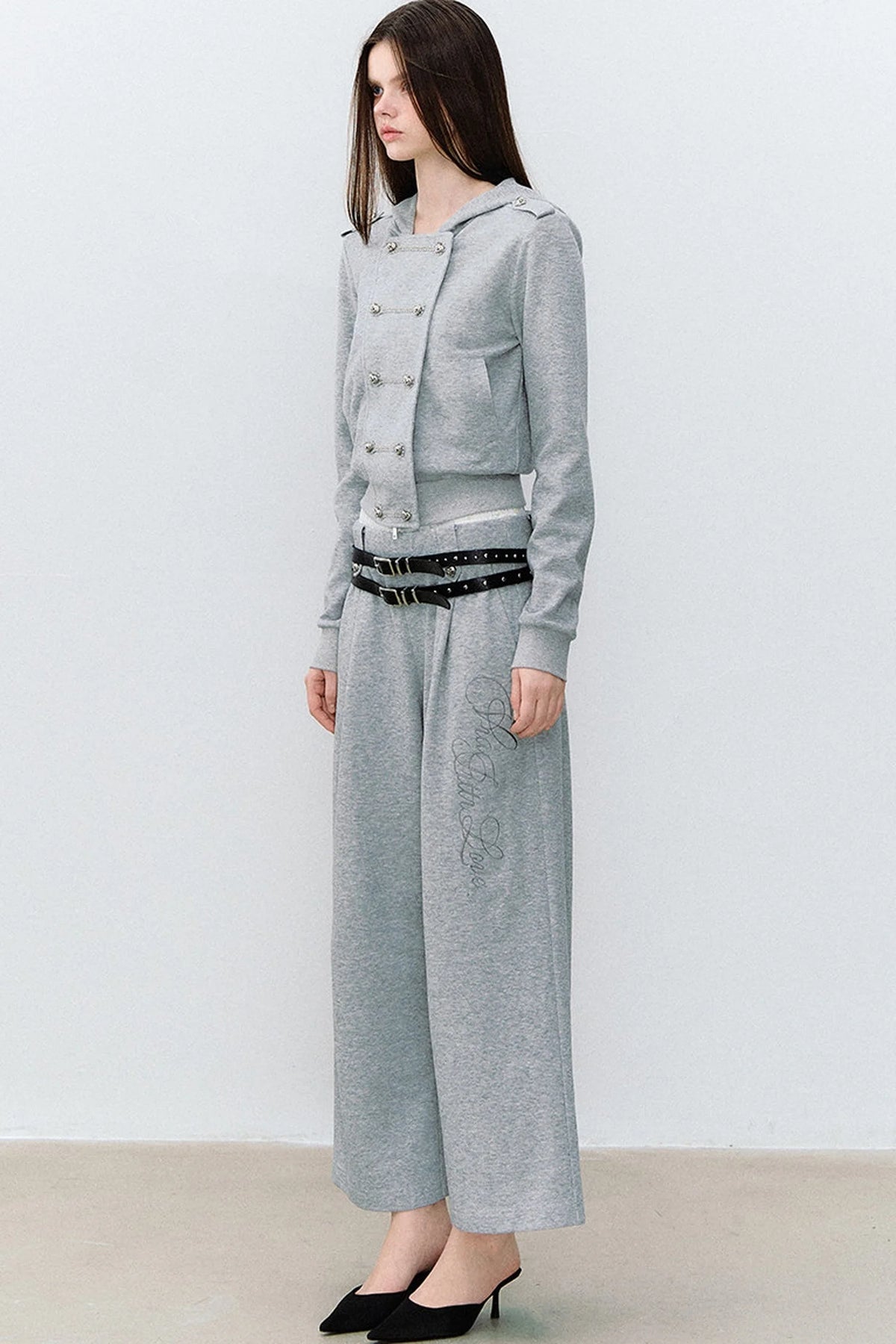 Double-Breasted Hooded Sweatshirt and Pants 3-Piece Set-Up