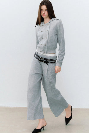 Double-Breasted Hooded Sweatshirt and Pants 3-Piece Set-Up