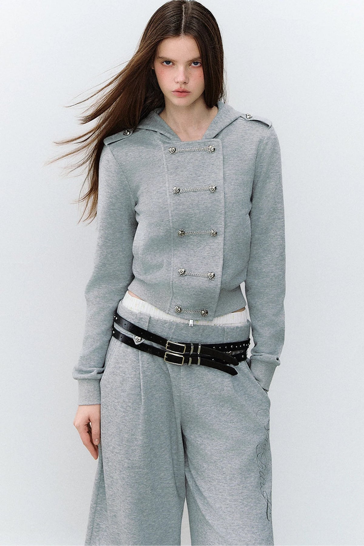 Double-Breasted Hooded Sweatshirt and Pants 3-Piece Set-Up