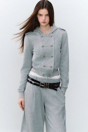 Double-Breasted Hooded Sweatshirt and Pants 3-Piece Set-Up