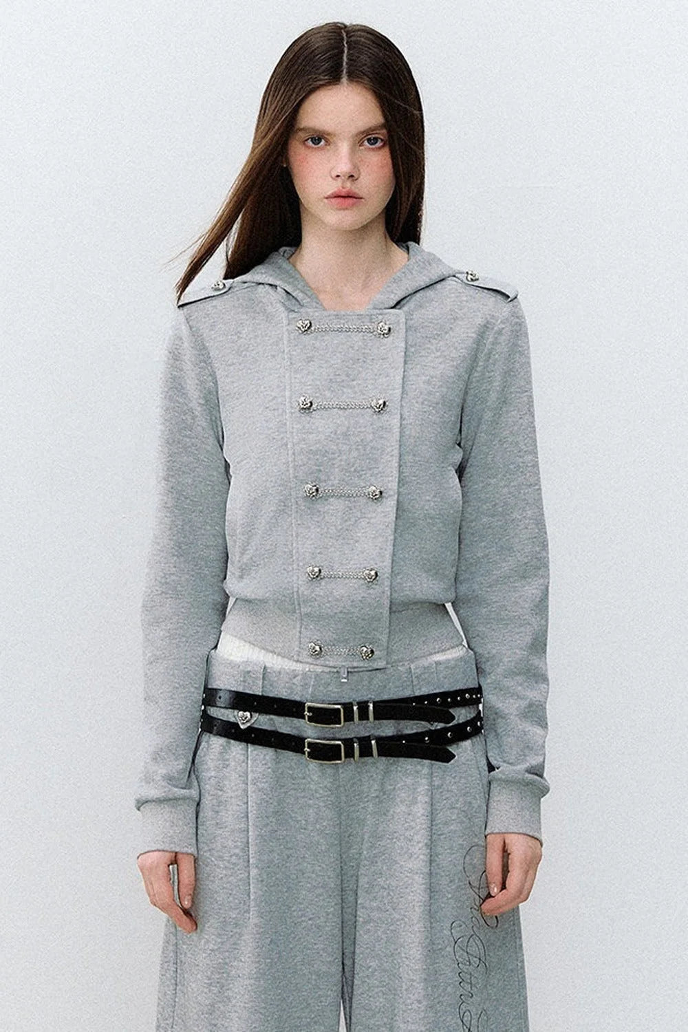 Double-Breasted Hooded Sweatshirt and Pants 3-Piece Set-Up