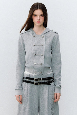 Double-Breasted Hooded Sweatshirt and Pants 3-Piece Set-Up