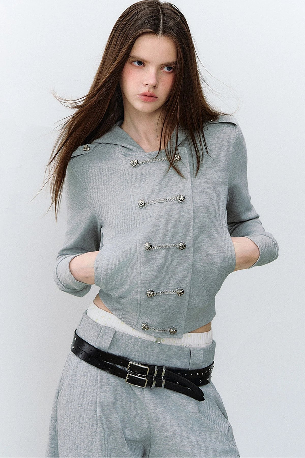 Double-Breasted Hooded Sweatshirt and Pants 3-Piece Set-Up