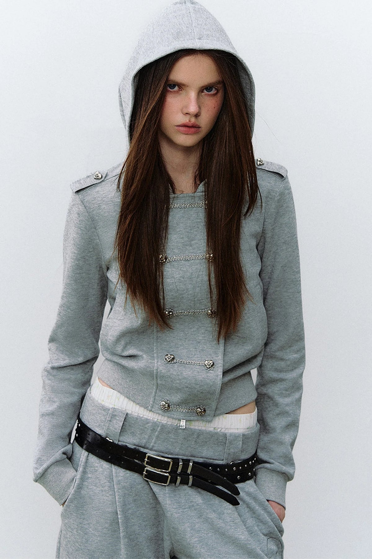 Double-Breasted Hooded Sweatshirt and Pants 3-Piece Set-Up