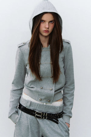 Double-Breasted Hooded Sweatshirt and Pants 3-Piece Set-Up