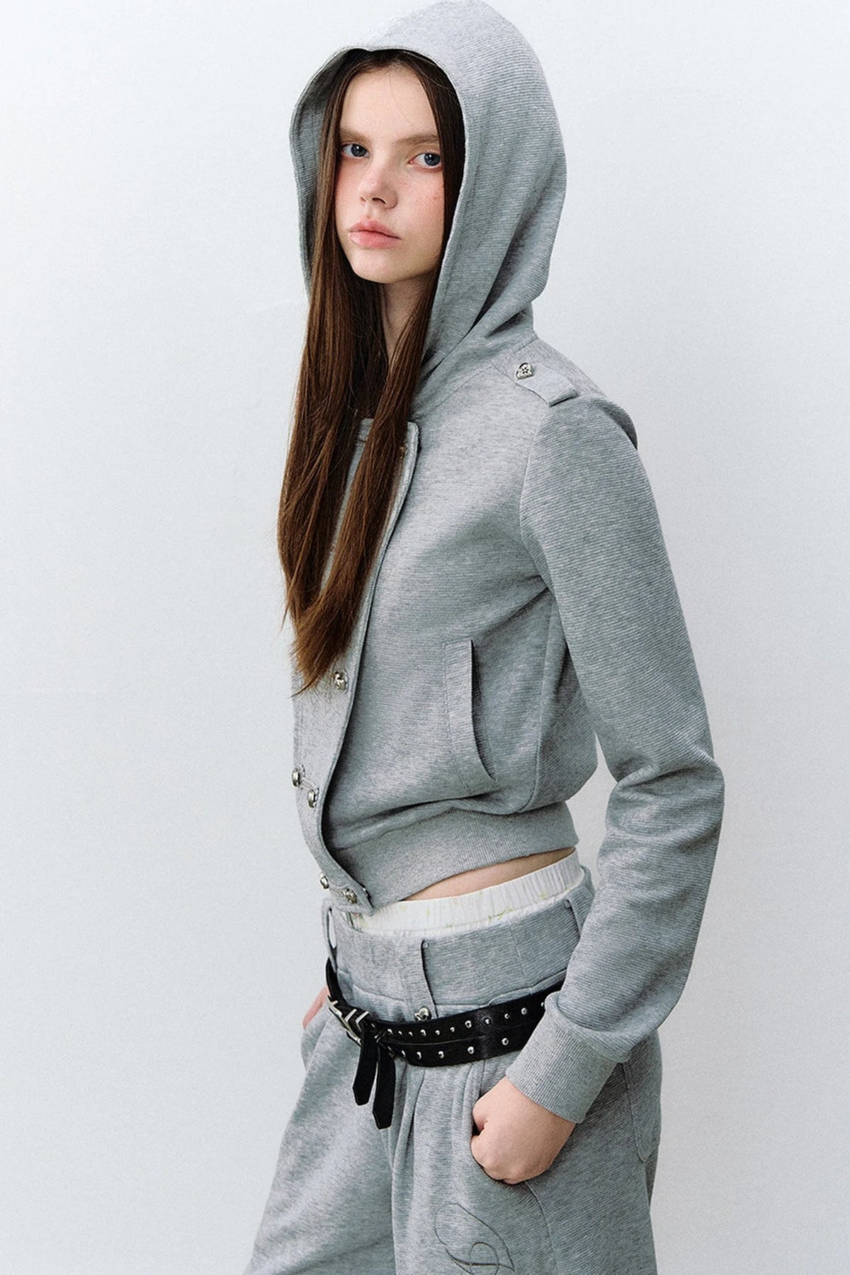 Double-Breasted Hooded Sweatshirt and Pants 3-Piece Set-Up
