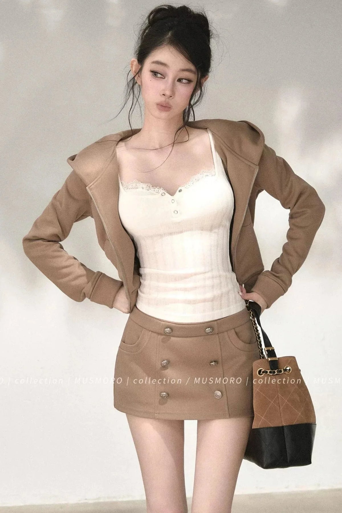Double-Breasted Hooded Sweatshirt and Skirt Set-Up