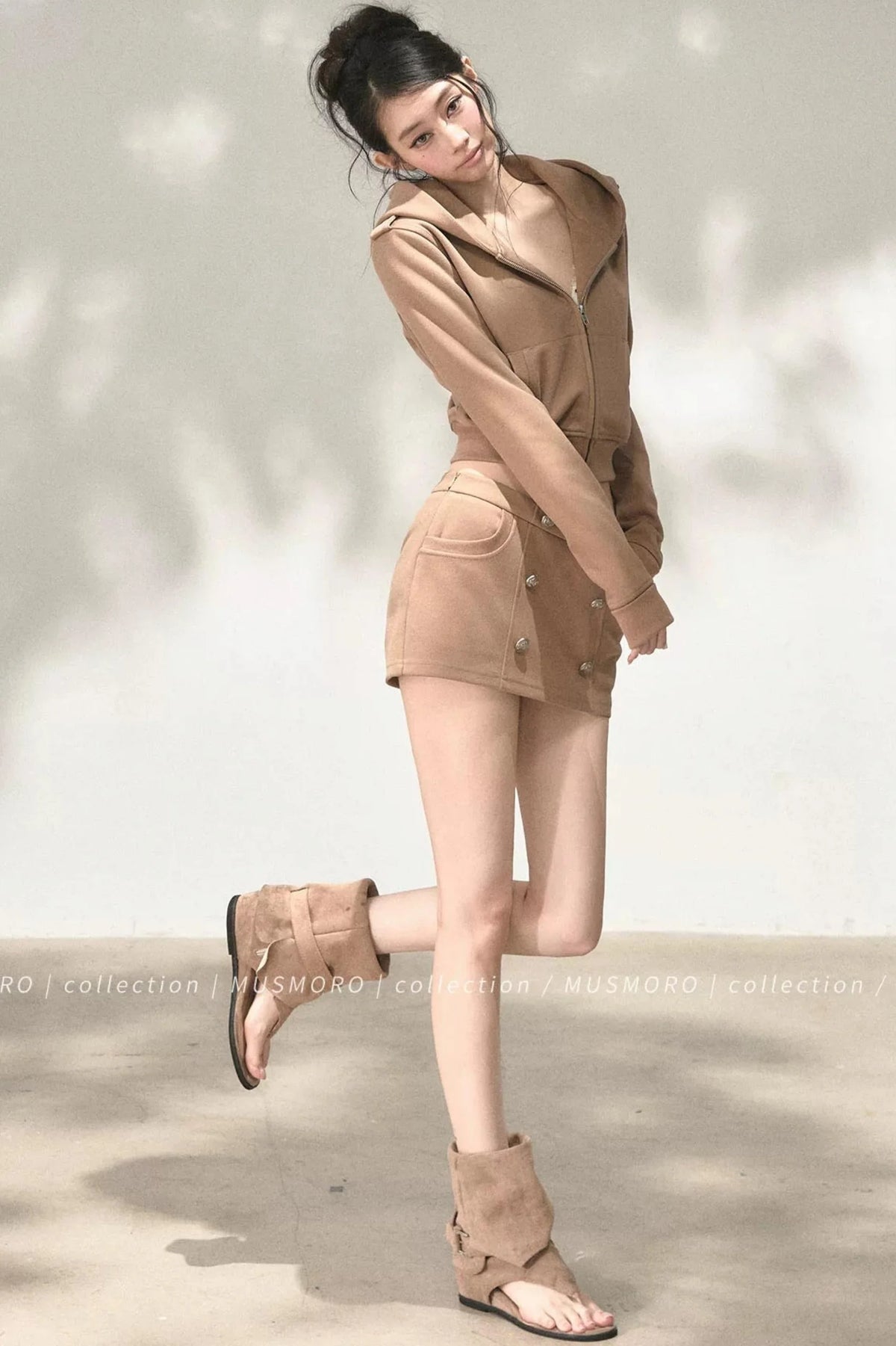 Double-Breasted Hooded Sweatshirt and Skirt Set-Up