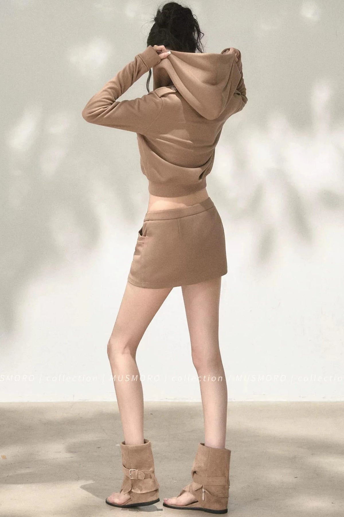 Double-Breasted Hooded Sweatshirt and Skirt Set-Up