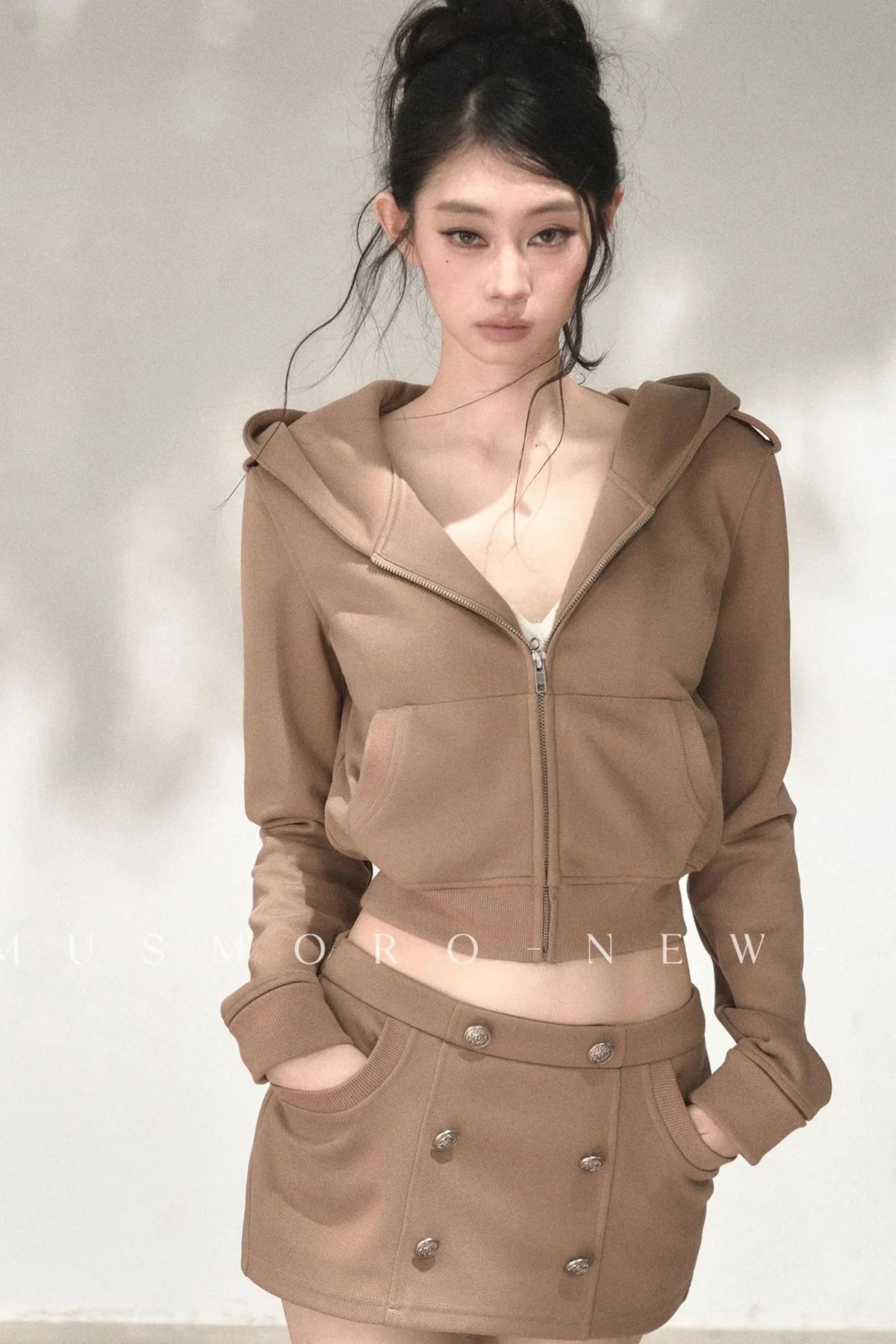 Double-Breasted Hooded Sweatshirt and Skirt Set-Up
