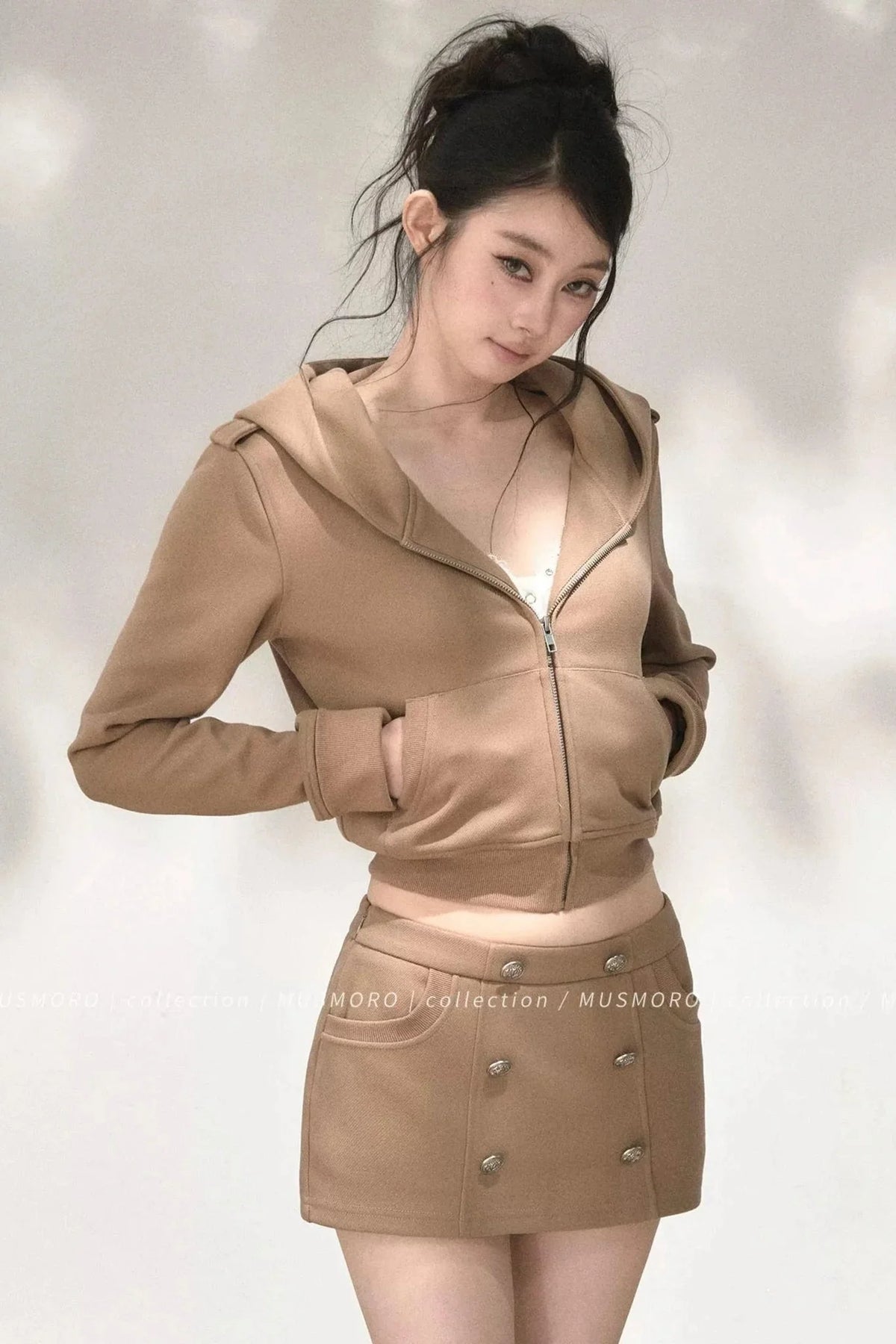 Double-Breasted Hooded Sweatshirt and Skirt Set-Up