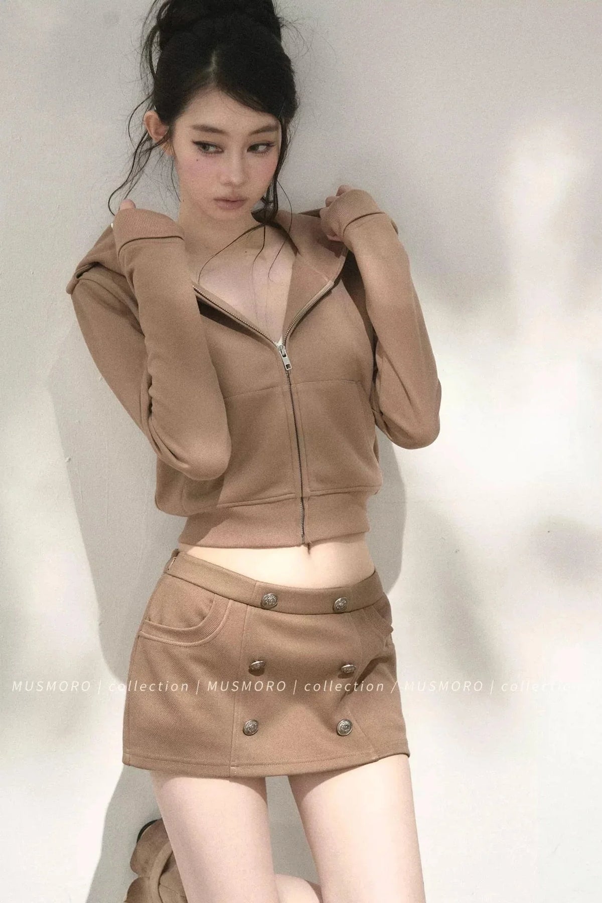 Double-Breasted Hooded Sweatshirt and Skirt Set-Up