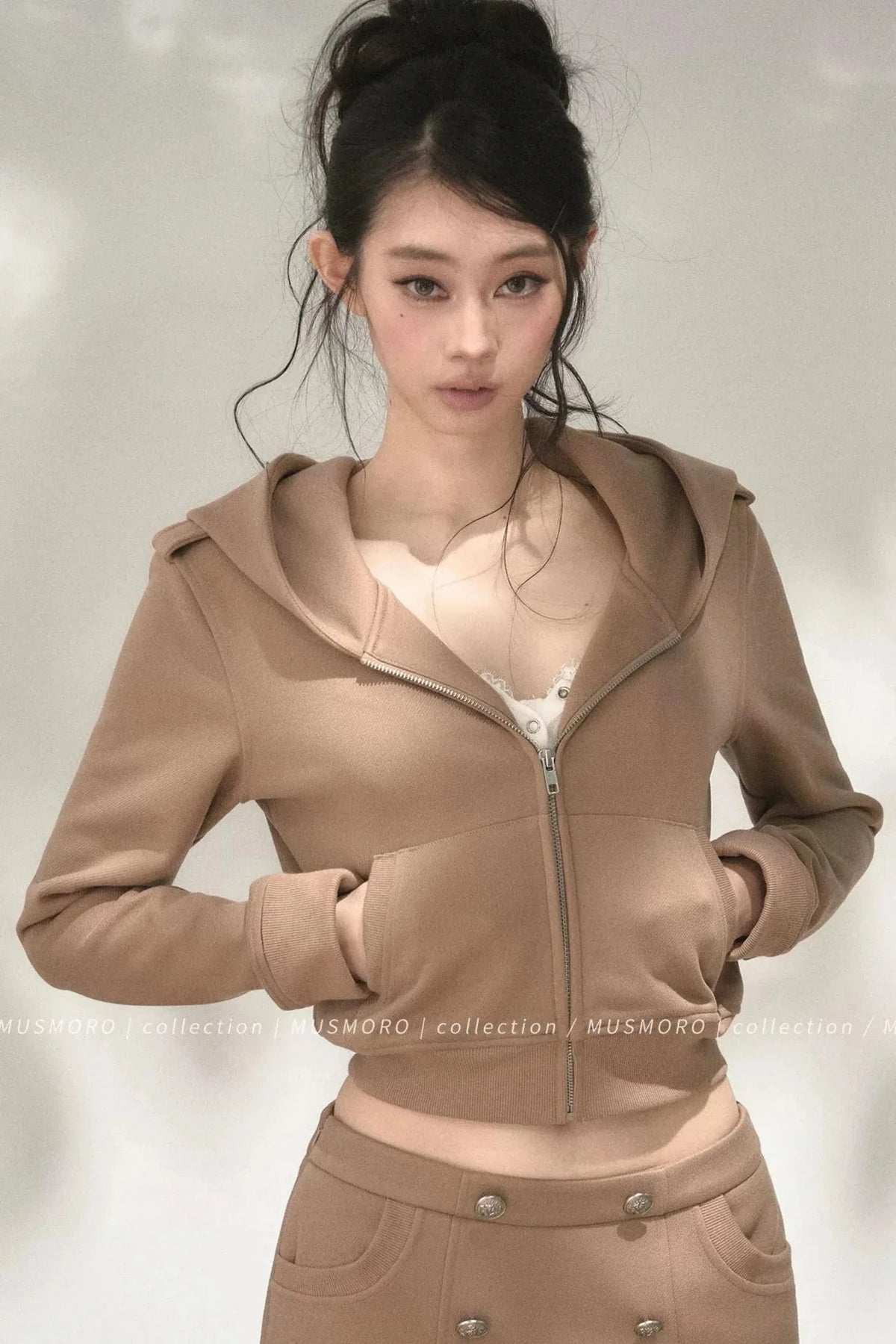 Double-Breasted Hooded Sweatshirt and Skirt Set-Up