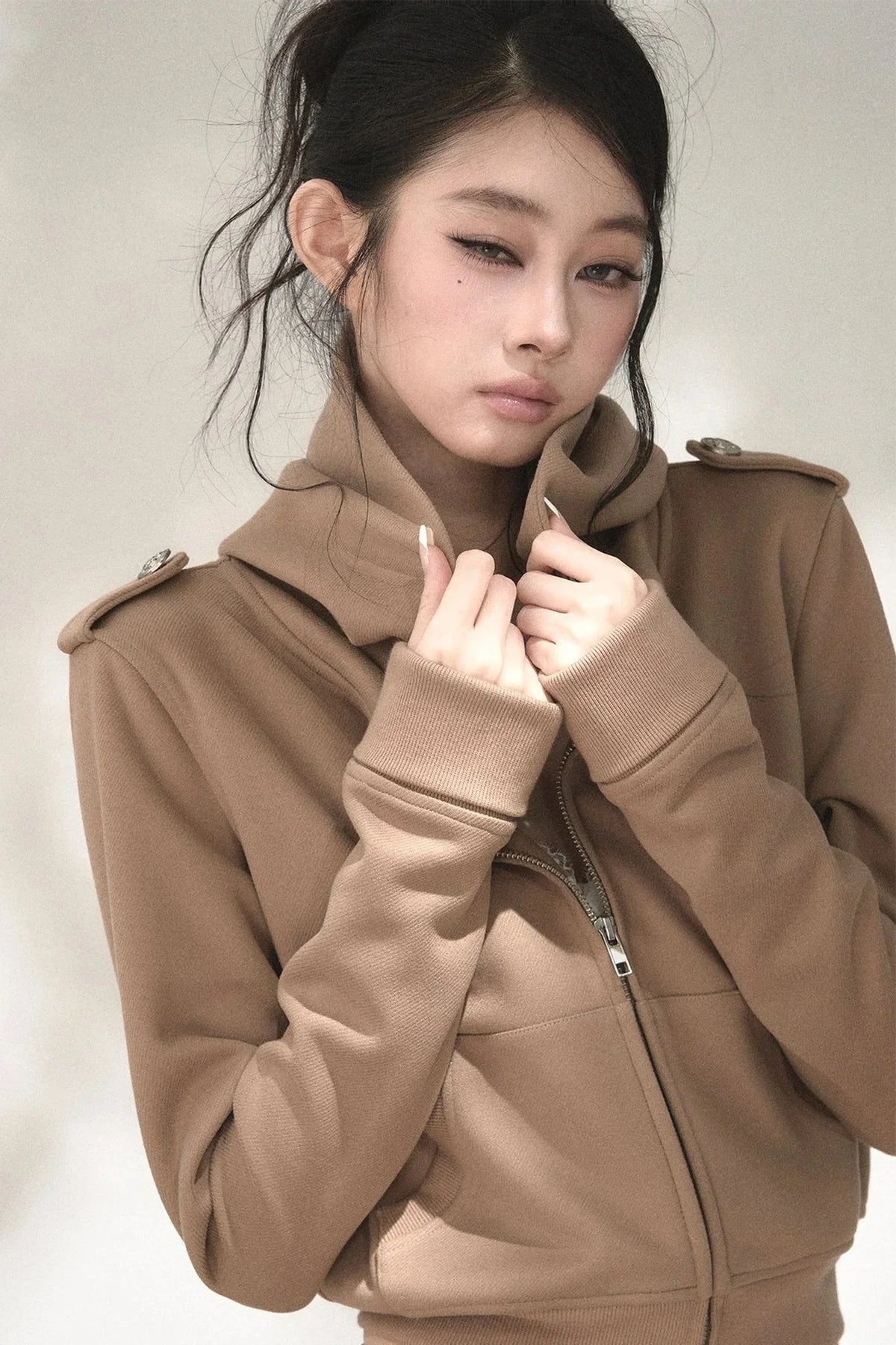 Double-Breasted Hooded Sweatshirt and Skirt Set-Up