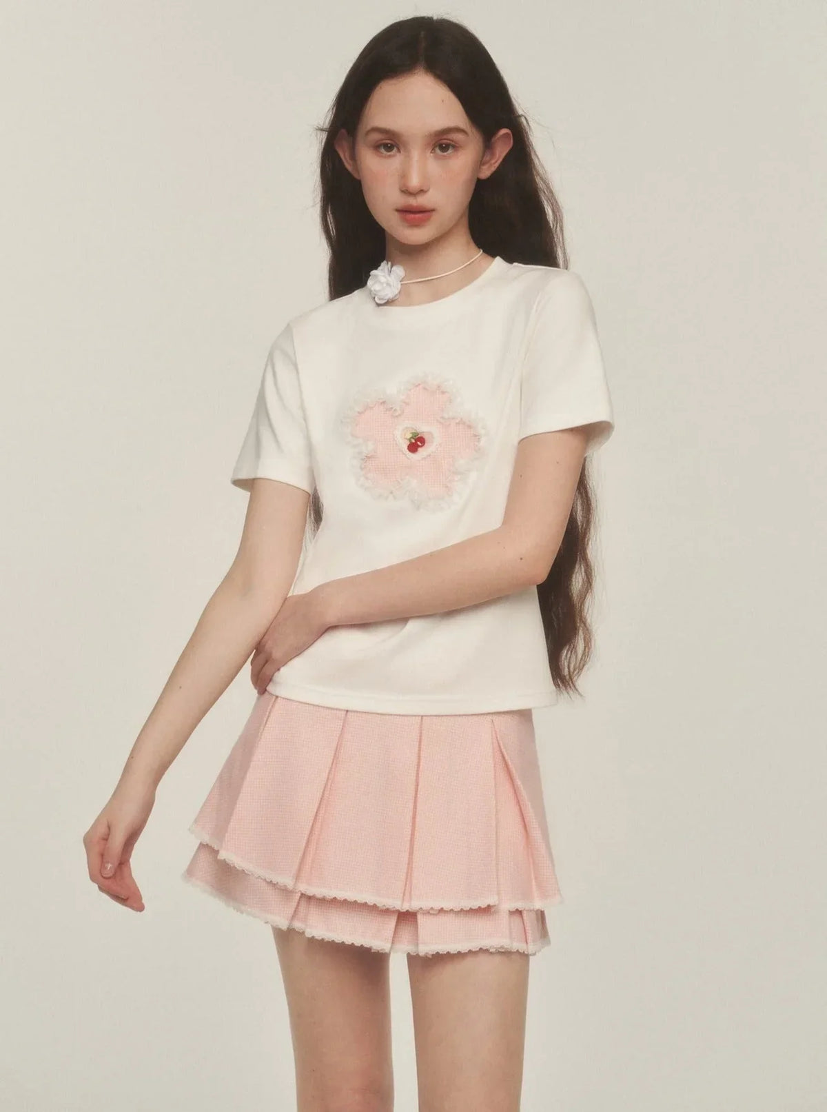 Double Lace Check Pleated Skirt