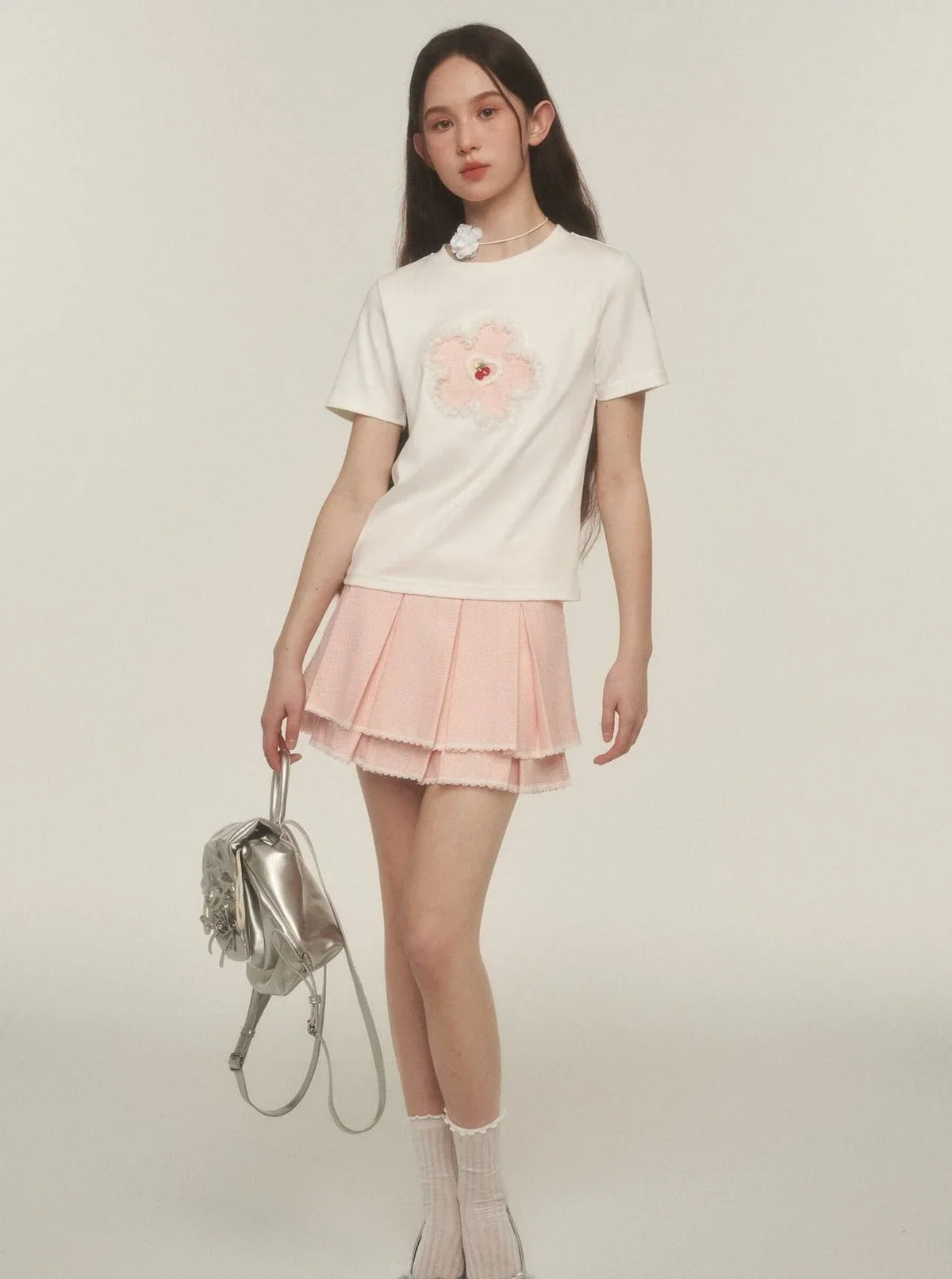 Double Lace Check Pleated Skirt