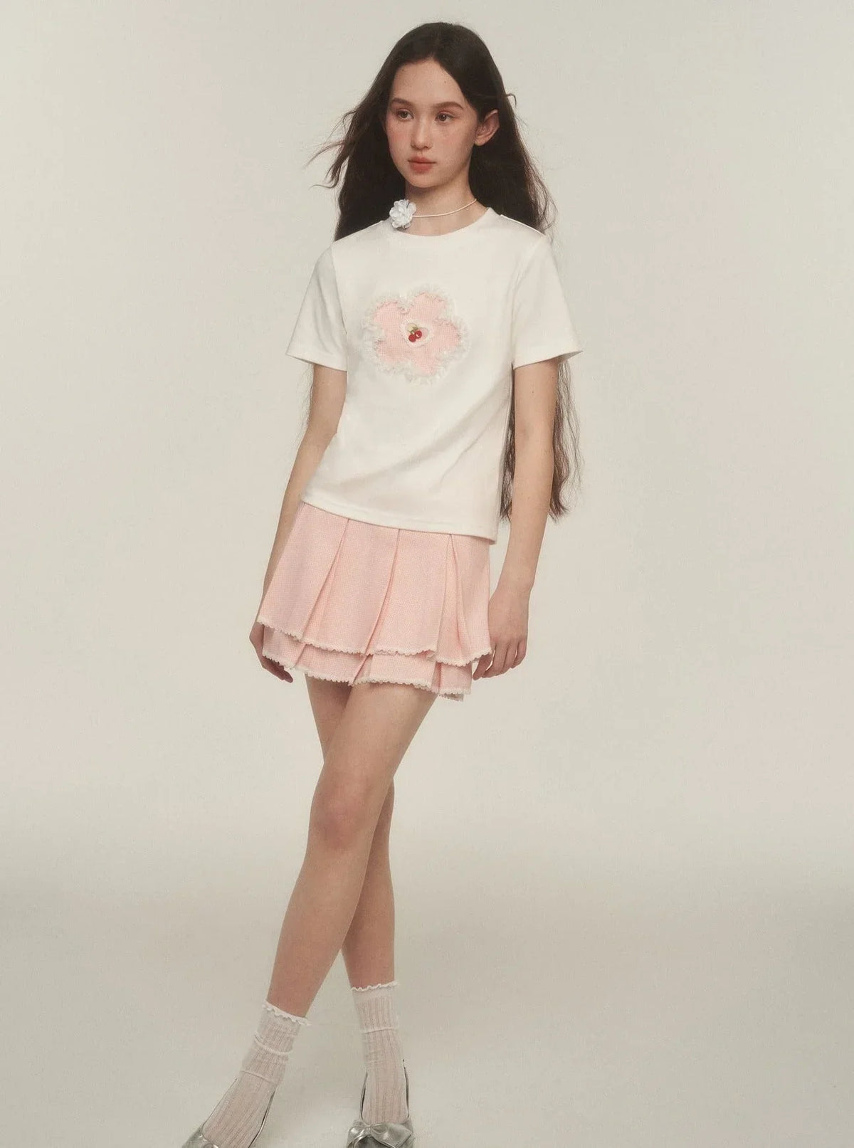 Double Lace Check Pleated Skirt