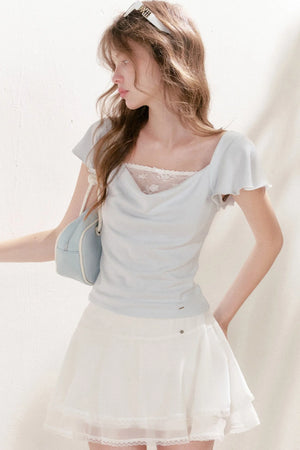 Double-Layer Chiffon Lace Trim A-Line Cake Skirt