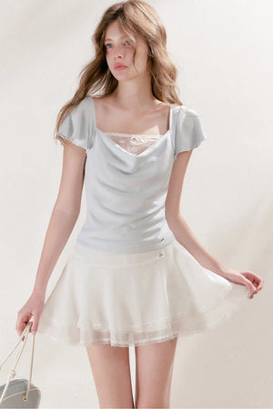 Double-Layer Chiffon Lace Trim A-Line Cake Skirt