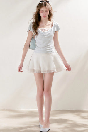 Double-Layer Chiffon Lace Trim A-Line Cake Skirt