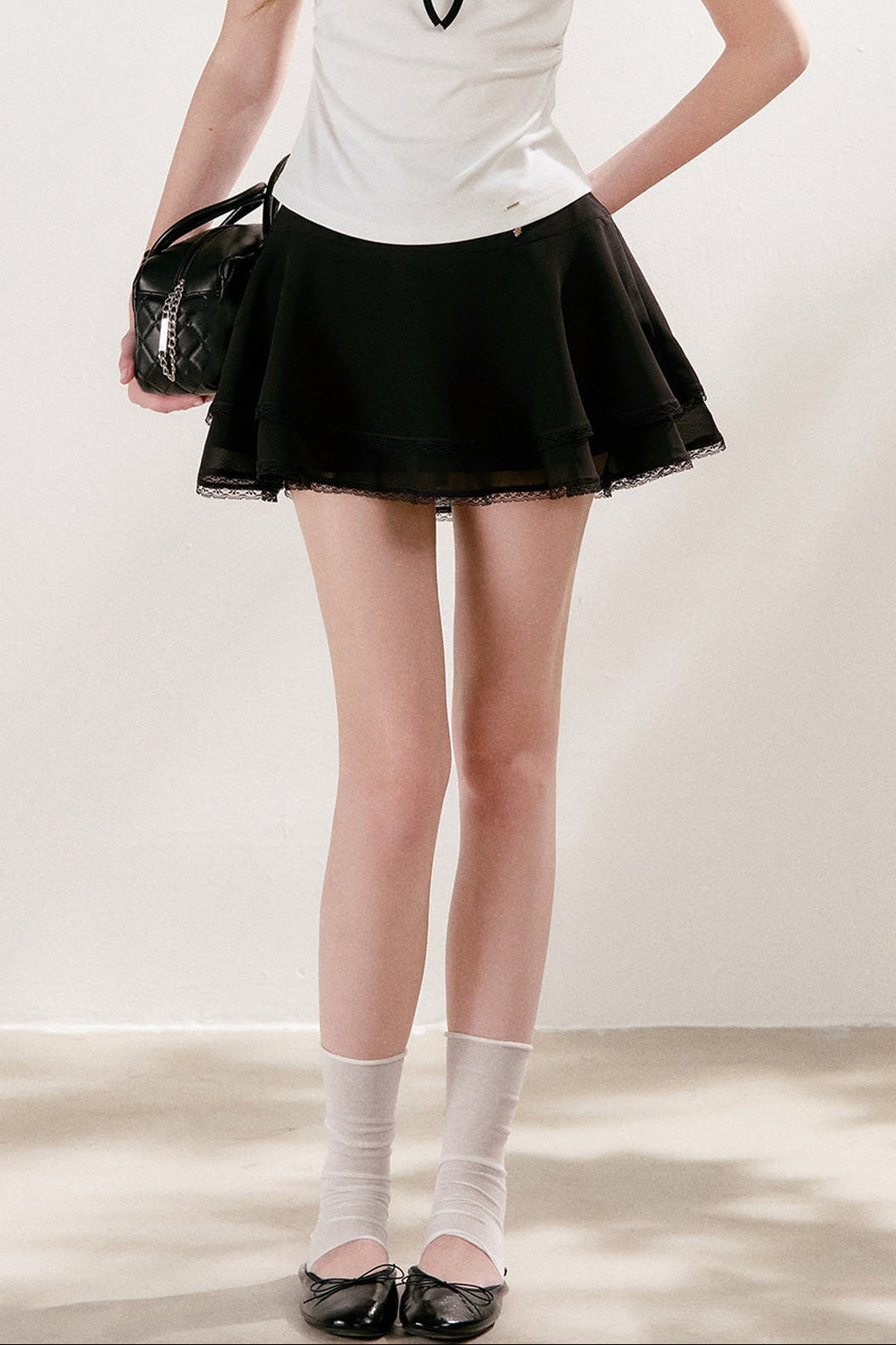Double-Layer Chiffon Lace Trim A-Line Cake Skirt