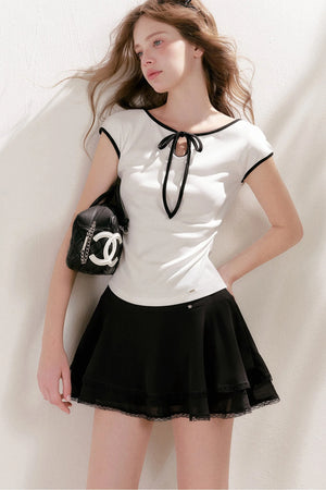 Double-Layer Chiffon Lace Trim A-Line Cake Skirt