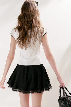 Double-Layer Chiffon Lace Trim A-Line Cake Skirt