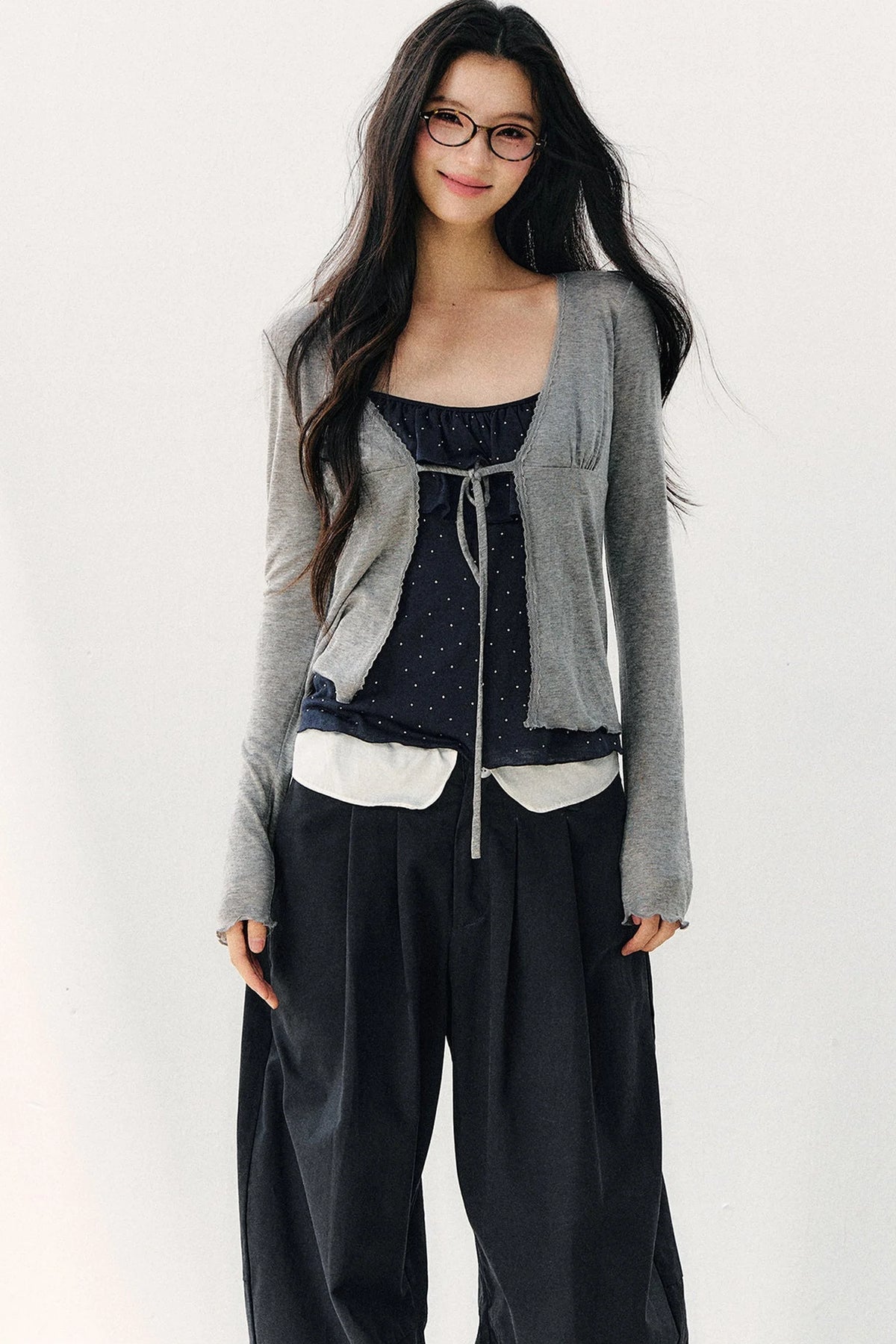 Double-Layer Ruffle Top And Cardigan Set-Up
