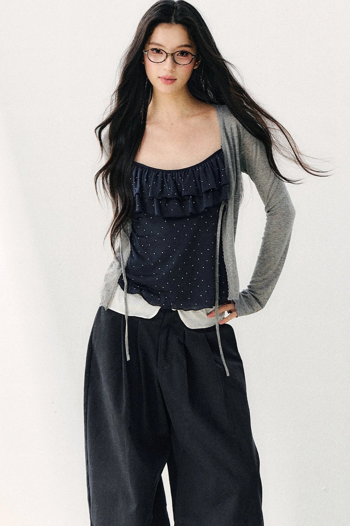 Double-Layer Ruffle Top And Cardigan Set-Up