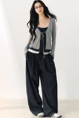Double-Layer Ruffle Top And Cardigan Set-Up