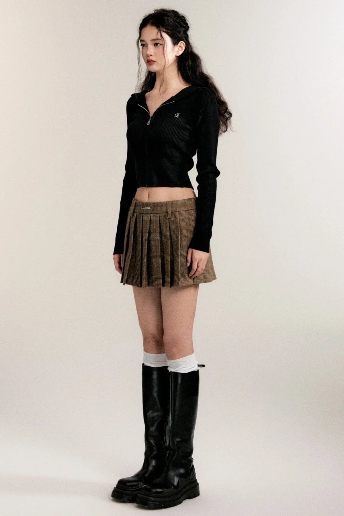 Double Zipper Black Hooded Cardigan