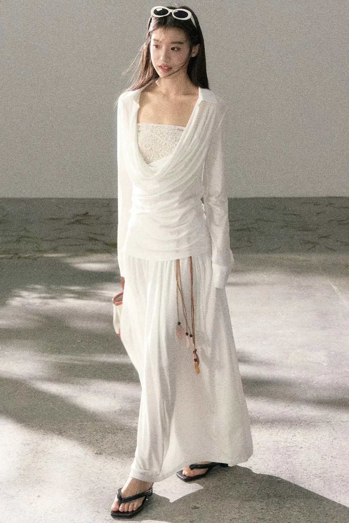 Draped Collar Lace Top Skirt Set-Up