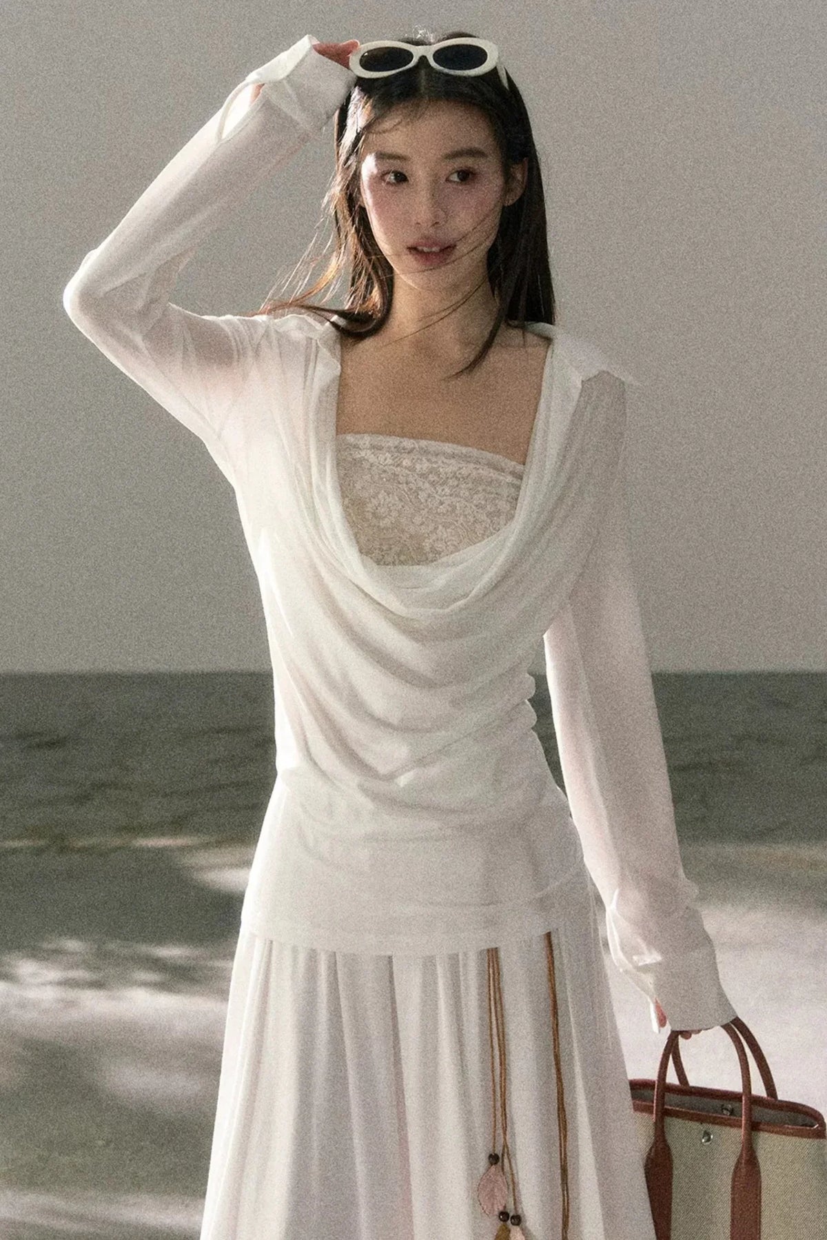 Draped Collar Lace Top Skirt Set-Up