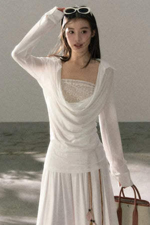 Draped Collar Lace Top Skirt Set-Up