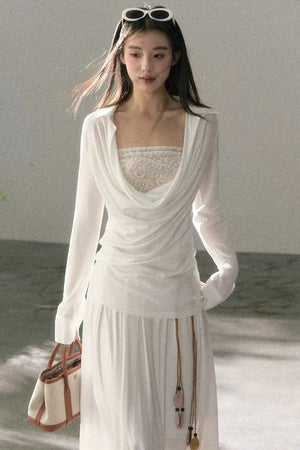 Draped Collar Lace Top Skirt Set-Up