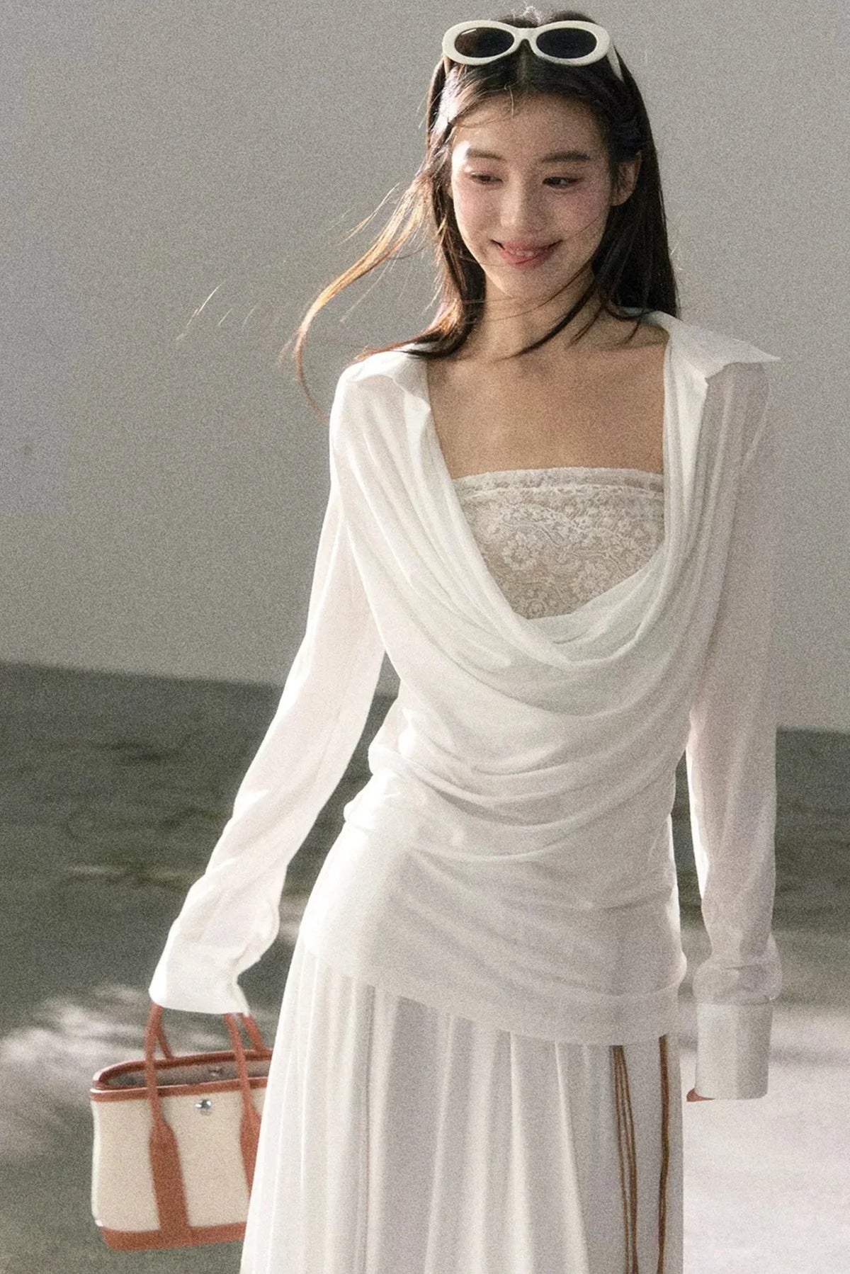 Draped Collar Lace Top Skirt Set-Up