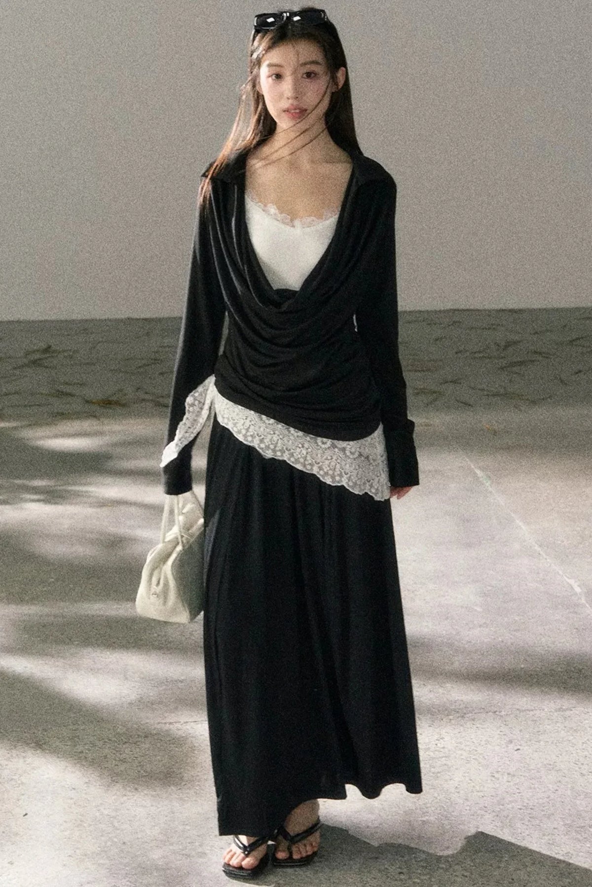 Draped Collar Lace Top Skirt Set-Up