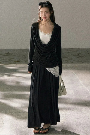 Draped Collar Lace Top Skirt Set-Up