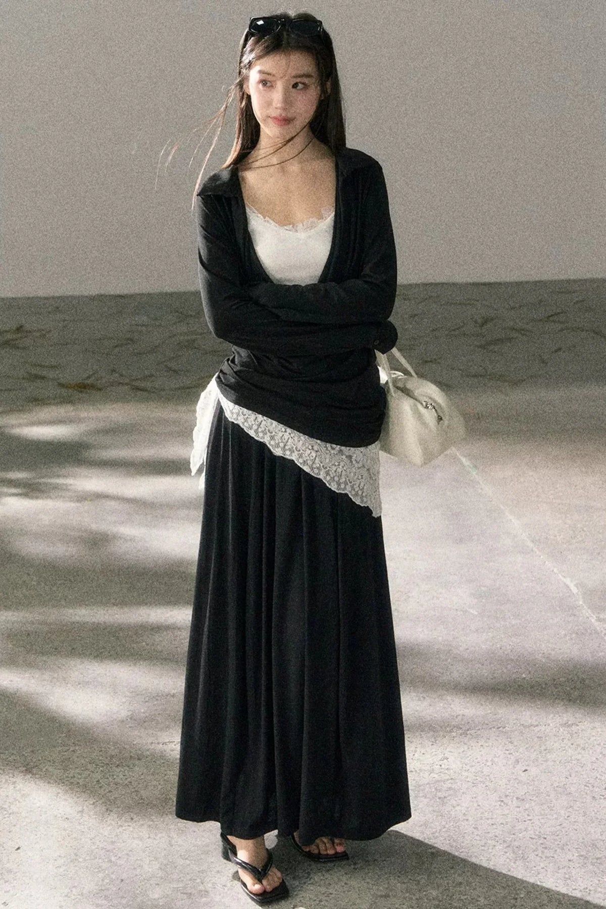 Draped Collar Lace Top Skirt Set-Up